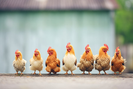 a row of chickens pecking in a line for mealwormsの素材