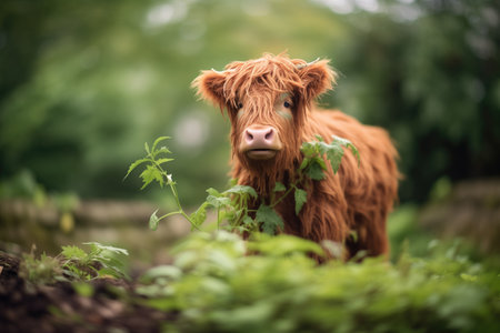 fluffy highland cow amidst greeneryの素材