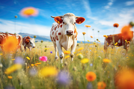 vibrant wildflowers surrounding grazing dairy cowsの素材