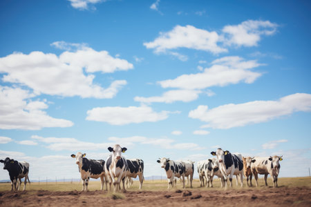 herd of black and white cows under blue skyの素材