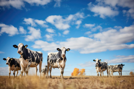 herd of black and white cows under blue skyの素材