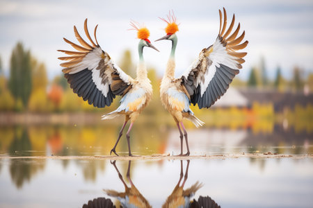 crane couple mirroring dance beside lakeの素材