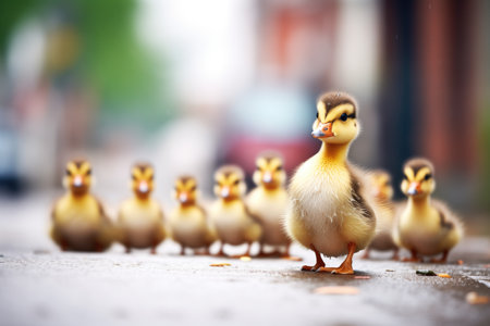 row of ducklings behind motherの素材