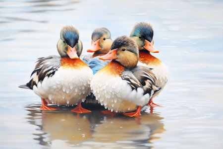 ducks huddled together in cold weatherの素材