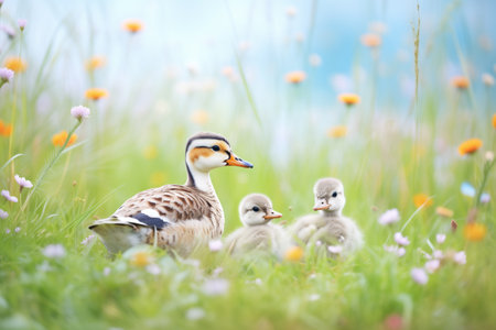 duck family resting in meadow of wildflowersの素材