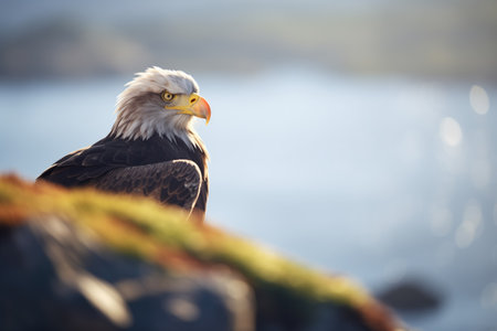 eagle staring into distance atop cliffの素材