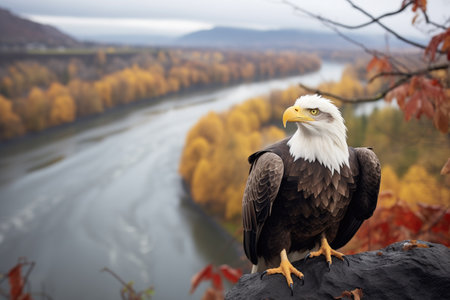 eagle on cliffside with river in the backgroundの素材