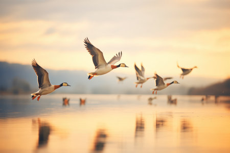 dynamic angle of geese v-formation against evening glowの素材