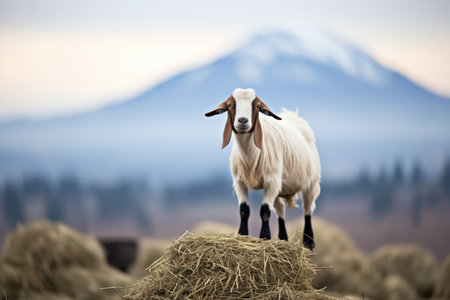 lone goat standing on hay with a mountain backdropの素材