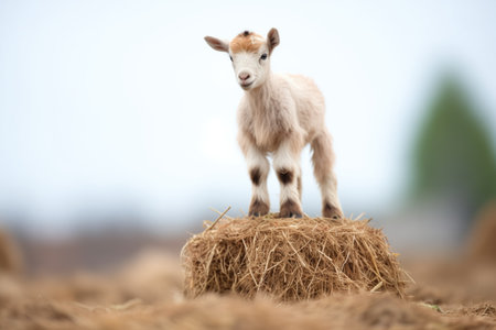 baby goat standing on a small haystackの素材