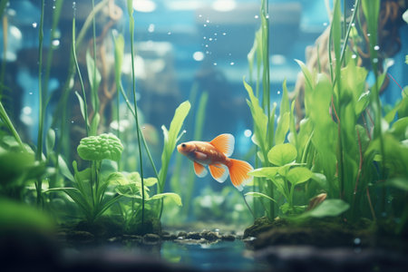 goldfish amongst water plants reaching for foodの素材