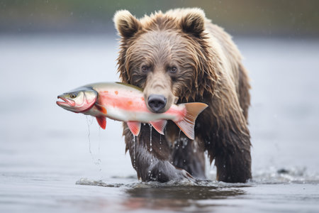 grizzly bear with wet fur carrying salmonの素材