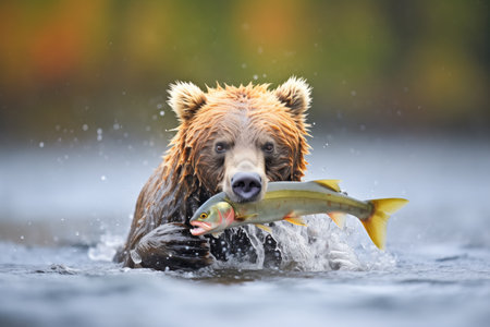 grizzly bear splashing in water chasing salmonの素材