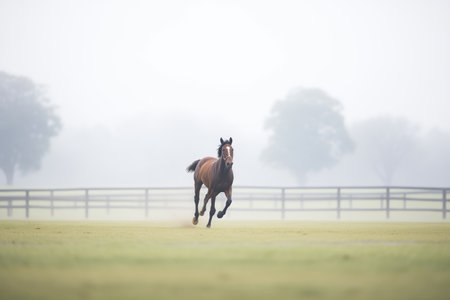 horse galloping solo on a misty paddock trackの素材
