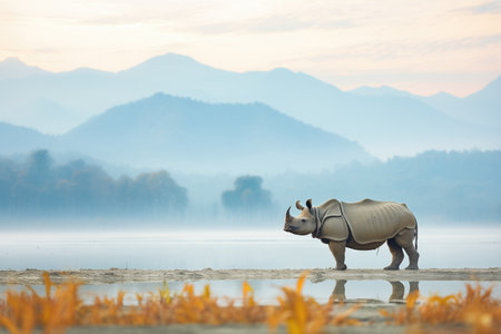 indian rhino with a backdrop of misty mountainsの素材