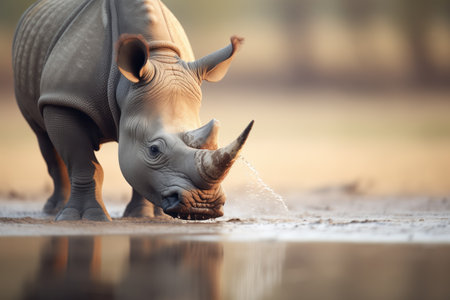 indian rhino drinking from a watering holeの素材
