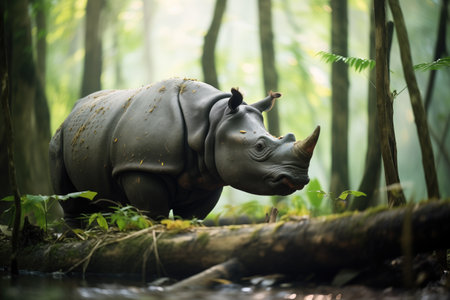 javan rhino under a canopy of dense forestの素材