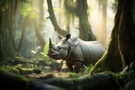 javan rhino under a canopy of dense forestの素材