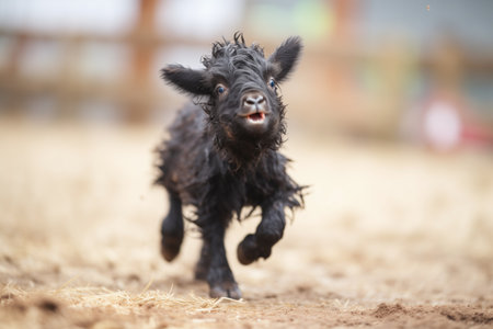 black goat kid bounding joyfullyの素材