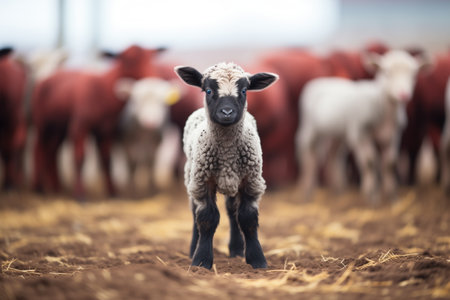 black lamb standing out among white lambsの素材