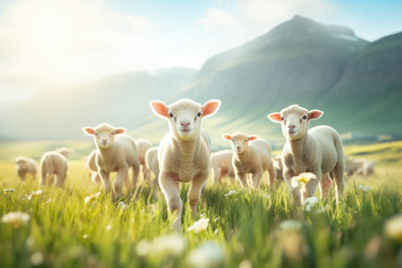 herd of lambs with a sunny mountain backdropの素材