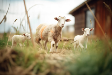 mother sheep watching over playing lambsの素材