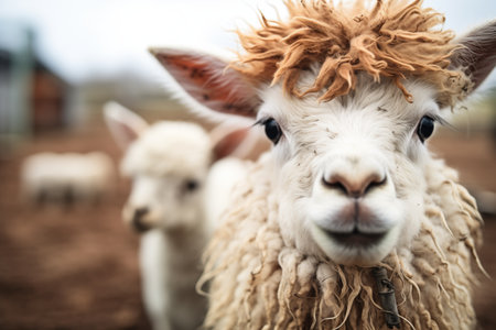 close-up of llama with curious sheepの素材