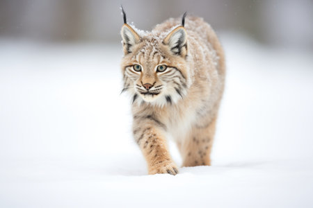 fluffed-up lynx bracing against snowfallの素材