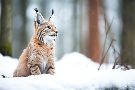 lynx sitting in snow with forest backdropの素材