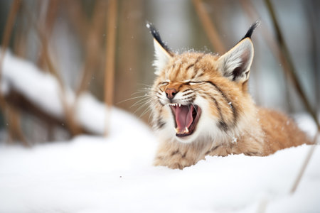 lynx yawning, showcasing teeth, with snow backdropの素材