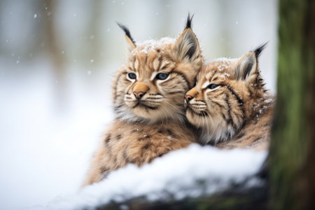 pair of lynxes cuddling for warmth in the snowの素材