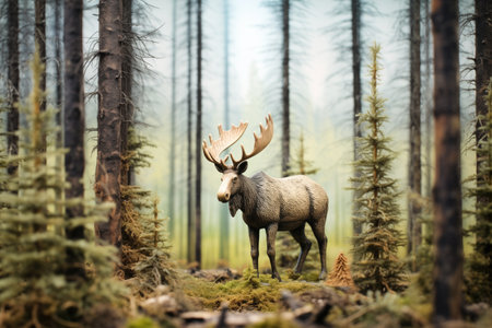 lone moose under pine treesの素材