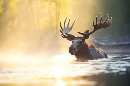 backlit moose with morning mist risingの素材