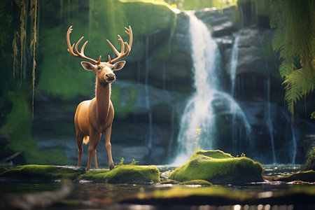 moose standing by waterfall in forestの素材