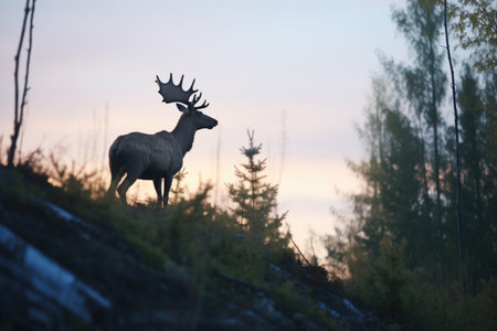 moose standing on a forest ridge at twilightの素材