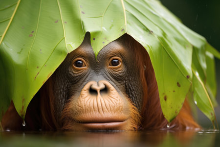 orangutan hiding behind large tropical leafの素材