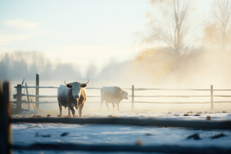 oxen breath visible on a cold morningの素材