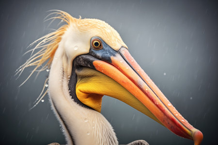 pelican with bulging pouch under stormy skyの素材