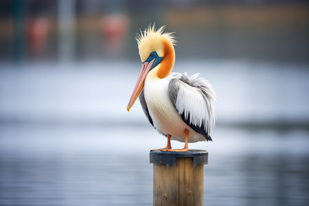 pelican perched on dock pillar, pouch drooping heavilyの素材