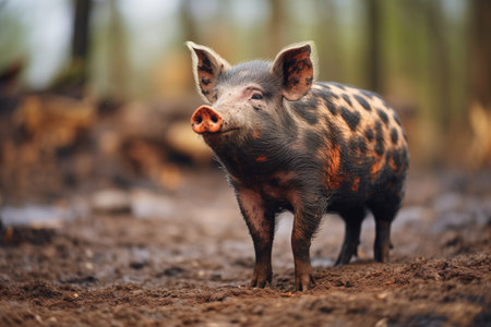 spotted pig standing out in muddy areaの素材