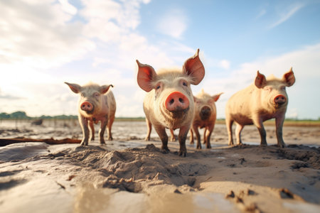group of pigs in mud under sunny skyの素材