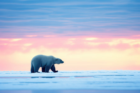 silhouette of polar bear at twilight on iceの素材
