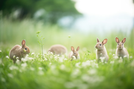 group of rabbits grazing on a clover fieldの素材