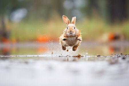 energetic rabbit mid-jump over a puddleの素材