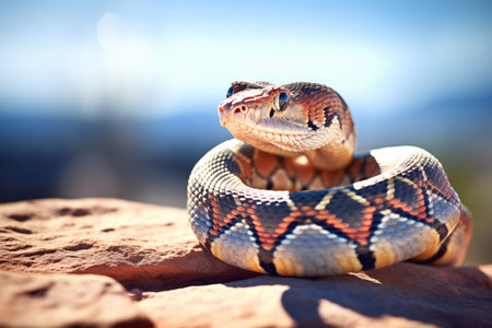 rattlesnake coiled on a sunlit rocky surfaceの素材