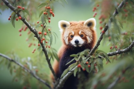 red panda poised in a hickory tree look outの素材