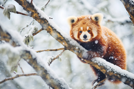 winter scene of red panda in a snow-dusted treeの素材