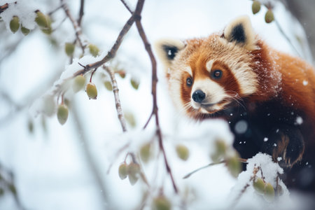 winter scene of red panda in a snow-dusted treeの素材