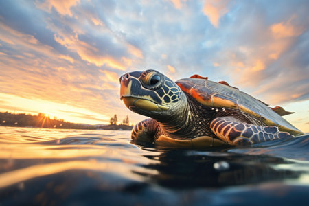 sea turtle silhouette against sunrise over oceanの素材