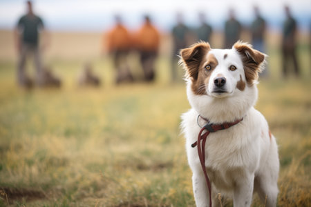 dog awaiting command before herding sheepの素材